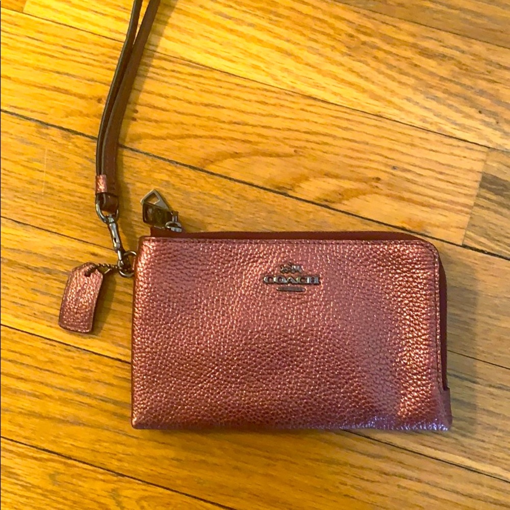 Double Zip Coach Wristlet, Metallic Cranberry